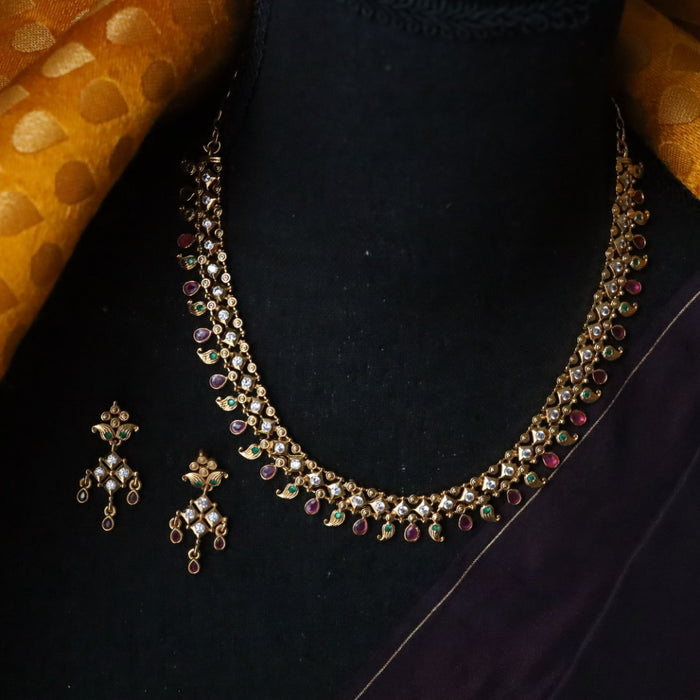 Antique gold stone short necklace and earrings SS10-128