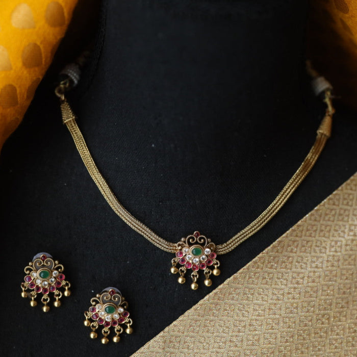 Antique gold ruby stone choker necklace and earrings CCB1664