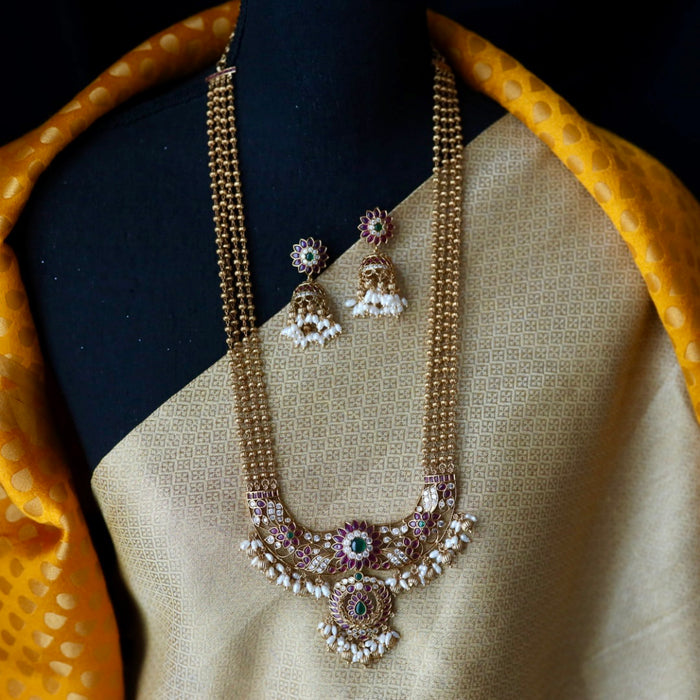 Antique ruby pearl layer long necklace and earrings RUB008