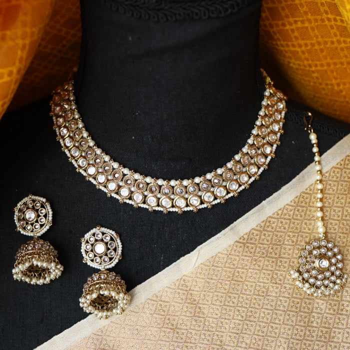 Trendy white stone short necklace with earrings and tikka TW0012