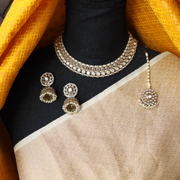 Trendy white stone short necklace with earrings and tikka TW0012