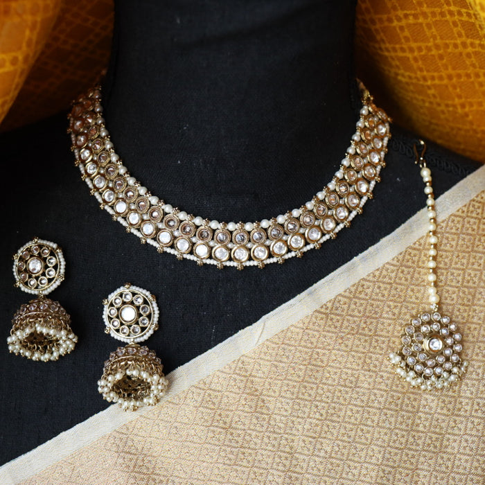 Trendy white stone short necklace with earrings and tikka TW0012