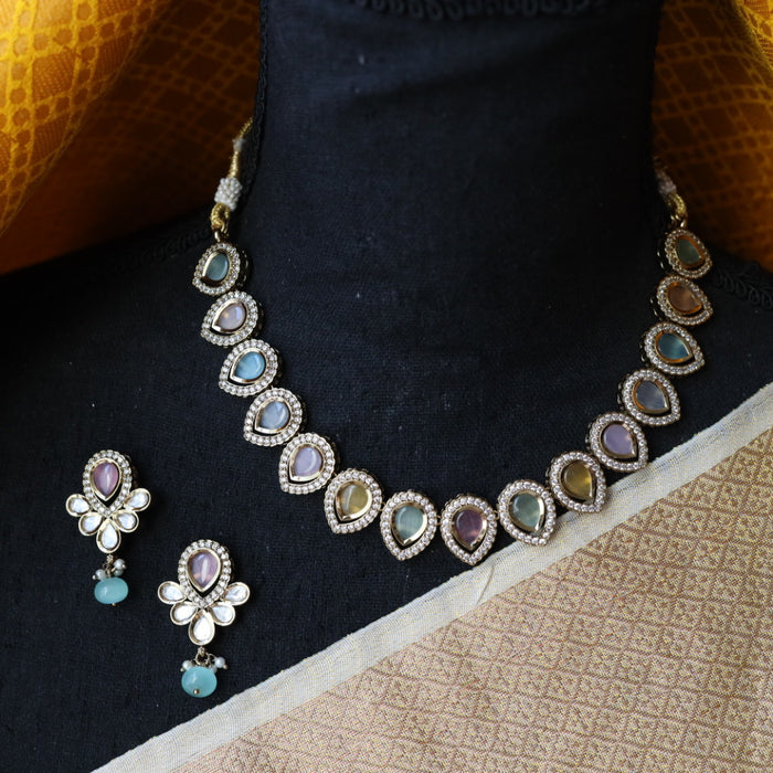 Trendy multi colour stone short necklace with earrings and tikka TM009