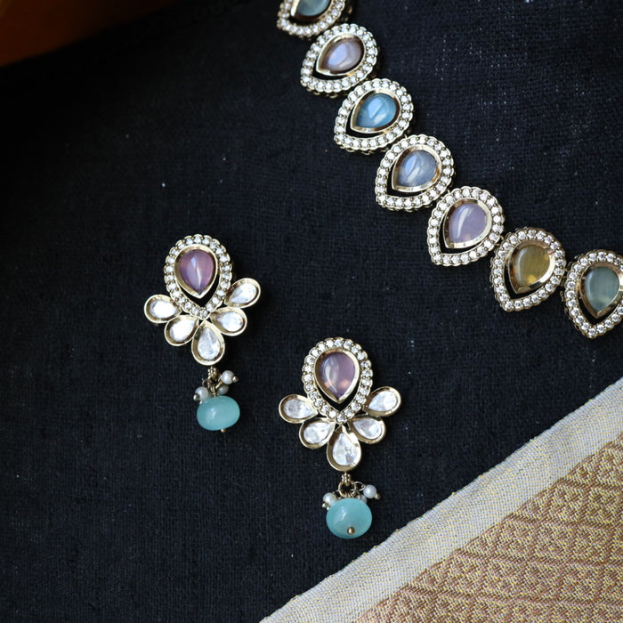 Trendy multi colour stone short necklace with earrings and tikka TM009