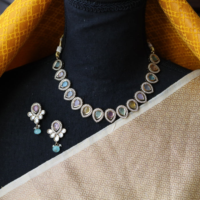Trendy multi colour stone short necklace with earrings and tikka TM009