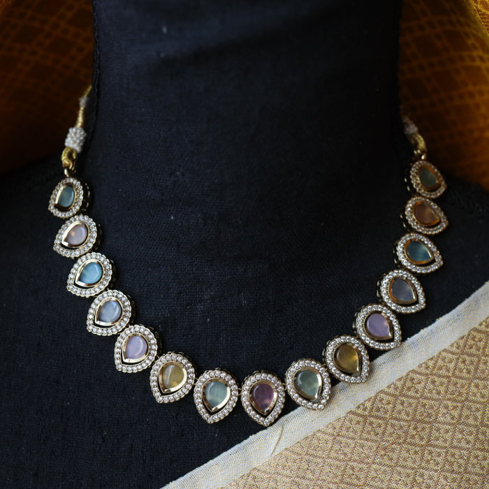 Trendy multi colour stone short necklace with earrings and tikka TM009