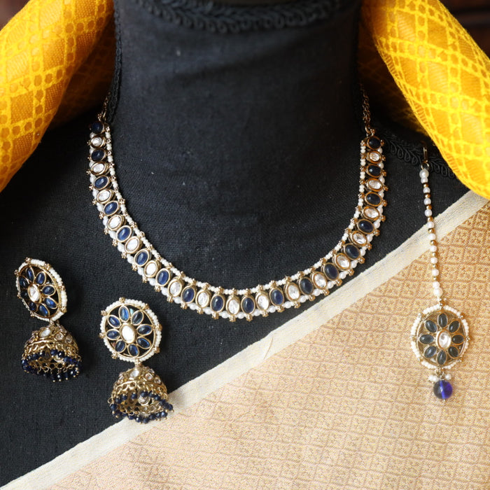 Trendy blue stone short necklace and earrings and tikka TG002