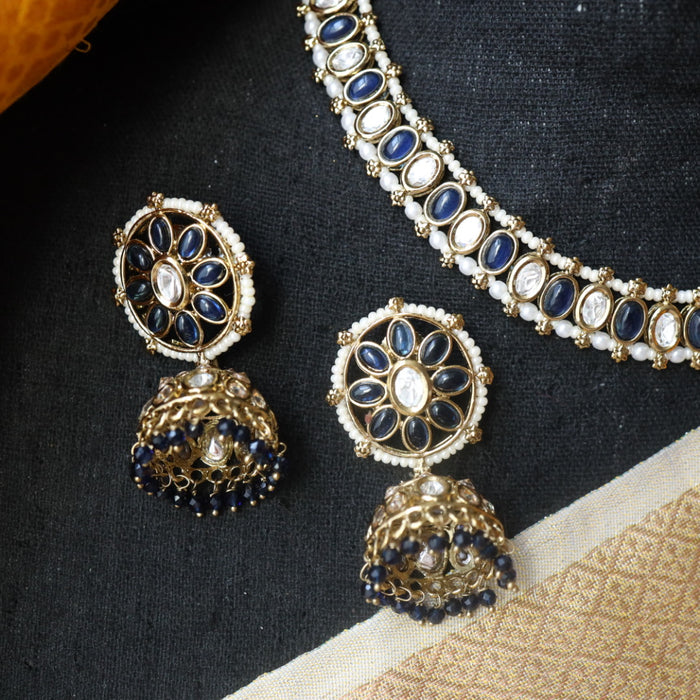 Trendy blue stone short necklace and earrings and tikka TG002