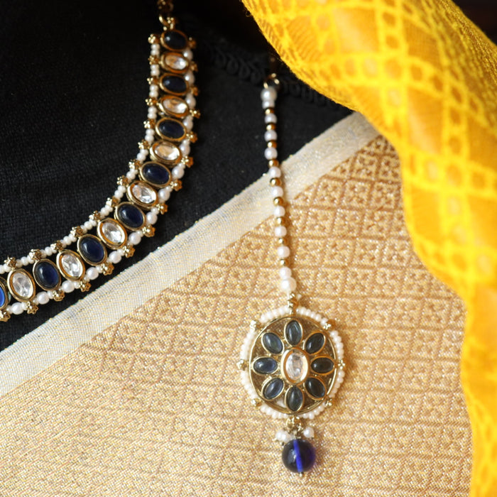 Trendy blue stone short necklace and earrings and tikka TG002