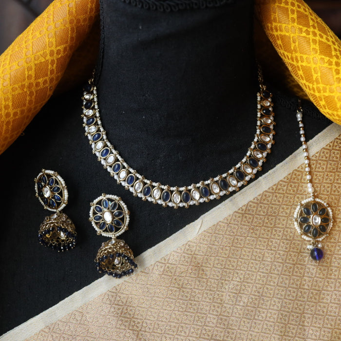 Trendy blue stone short necklace and earrings and tikka TG002