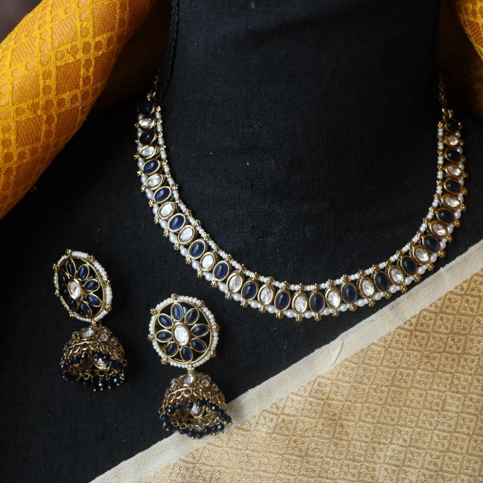 Trendy blue stone short necklace and earrings and tikka TG002