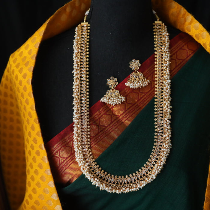 Antique gold stone and pearl long necklace and earrings 890077