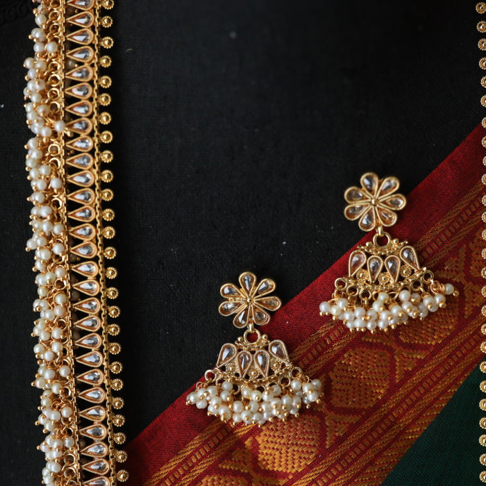 Antique gold stone and pearl long necklace and earrings 890077