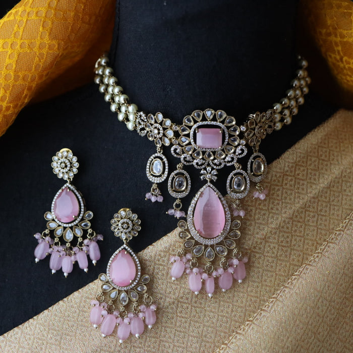 Victorian pink stone choker necklace with earrings V1031