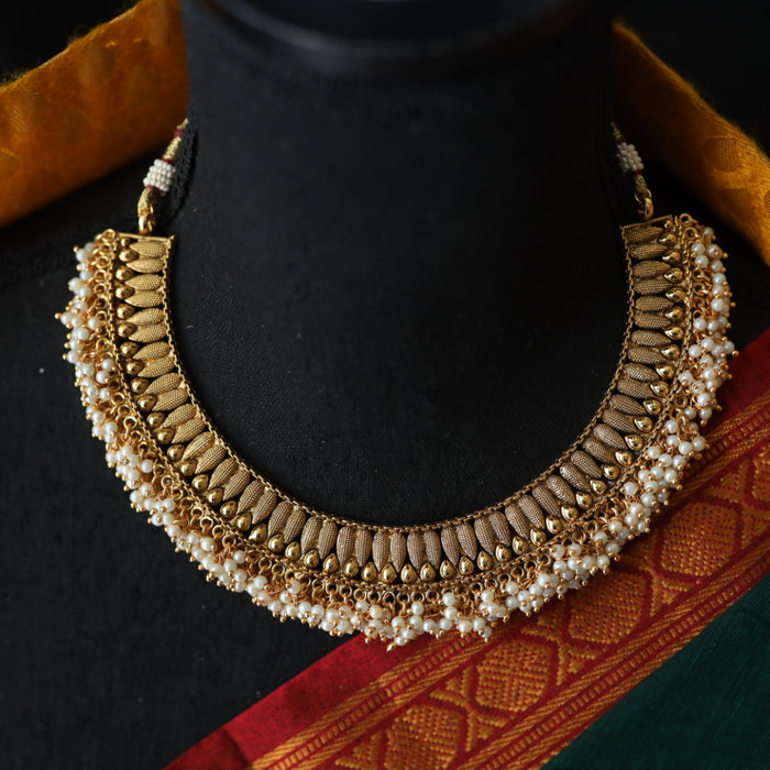 Antique gold stone and pearl short necklace and earrings 890078