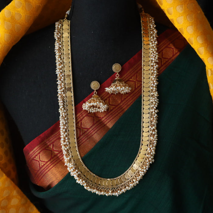 Antique gold and pearl coin design long necklace and earrings LL03003