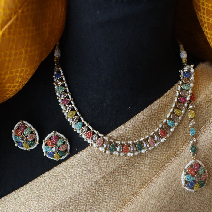 Trendy multi stone short necklace and earrings and tikka TM098