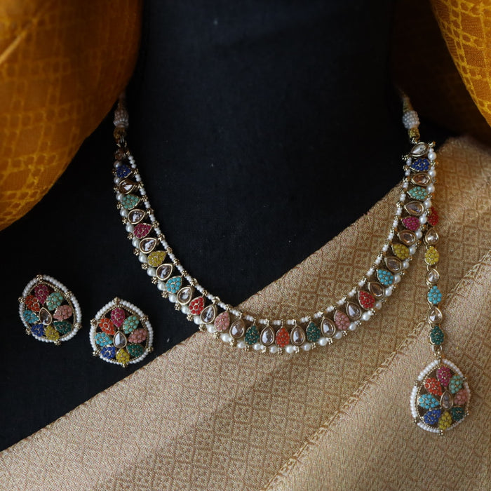 Trendy multi stone short necklace and earrings and tikka TM098