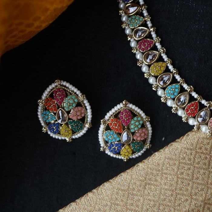 Trendy multi stone short necklace and earrings and tikka TM098