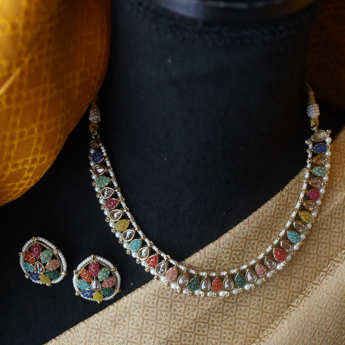 Trendy multi stone short necklace and earrings and tikka TM098