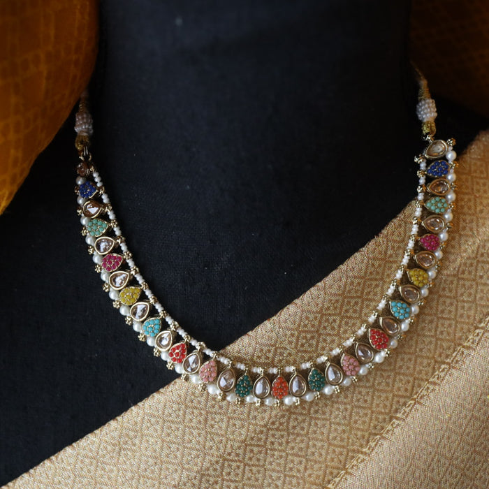 Trendy multi stone short necklace and earrings and tikka TM098
