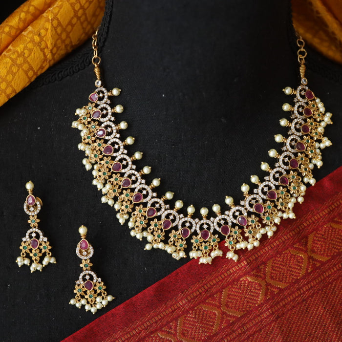 Antique ruby green stone short necklace and earrings SS12006