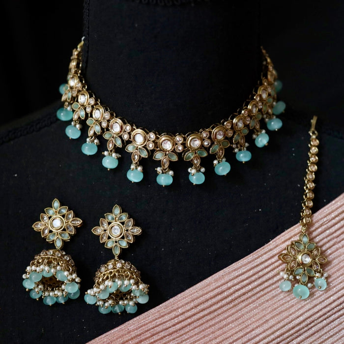 Trendy mint bead choker necklace with earrings and tikka TM232