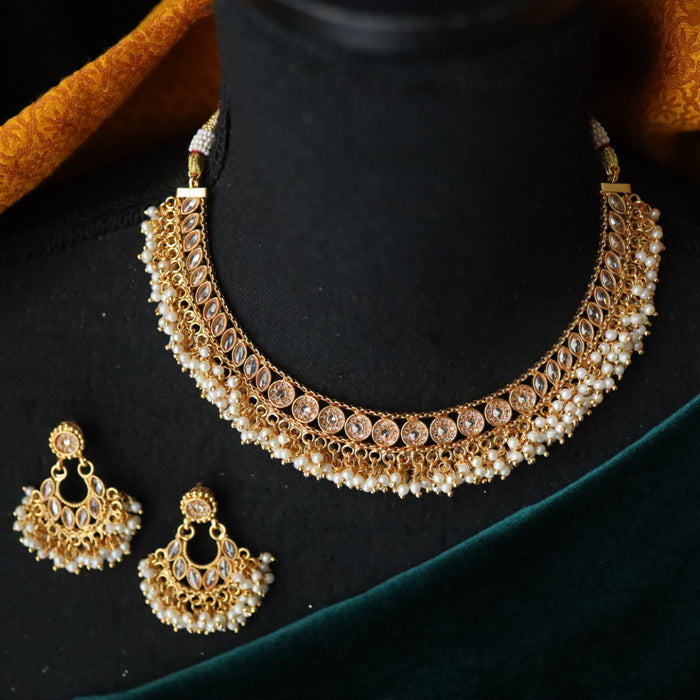 Antique gold pearl short necklace with earrings SS11041