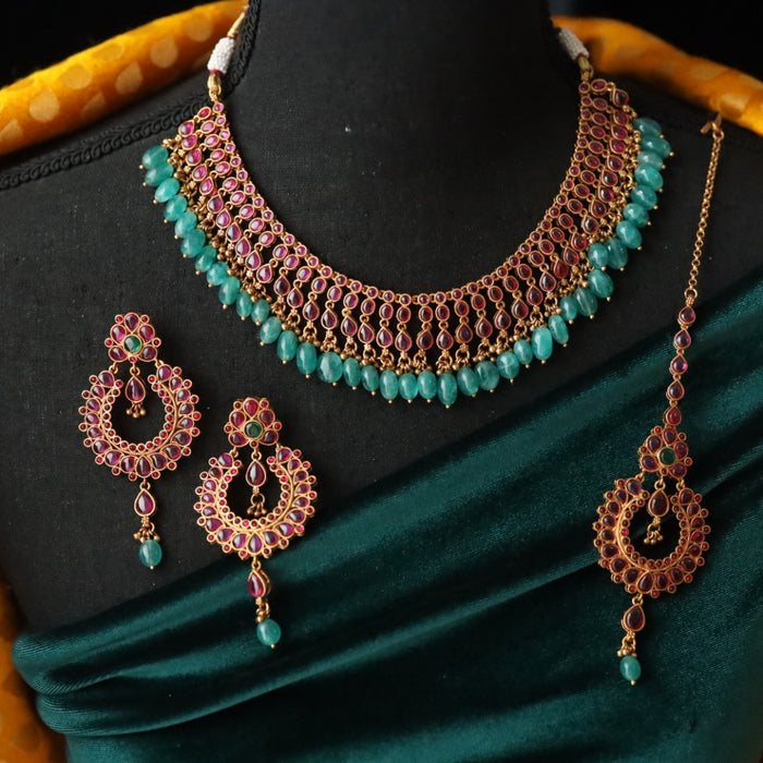 Antique green bead ruby short necklace with earrings RUB213