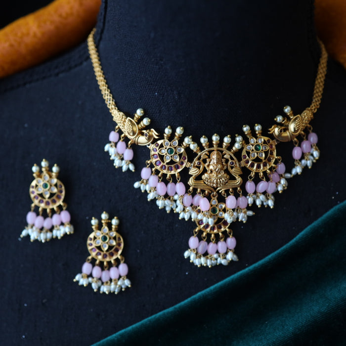 Antique pink bead choker necklace with earrings CCB1716