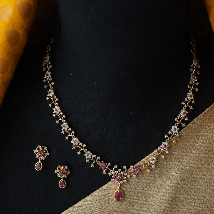 Heritage gold plated ruby white stone short necklace with earrings TTH1006
