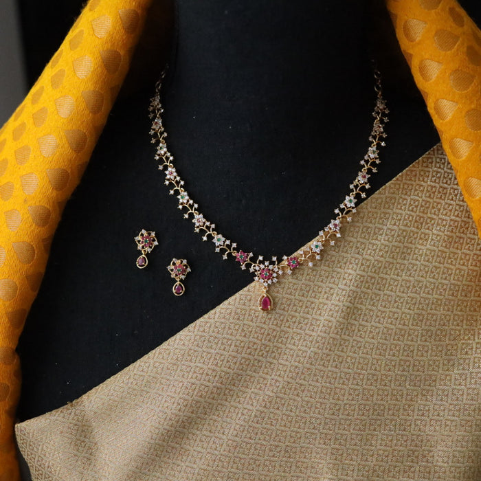 Heritage gold plated ruby white stone short necklace with earrings TTH1006