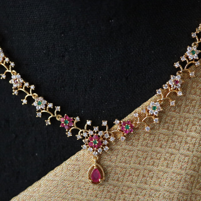 Heritage gold plated ruby white stone short necklace with earrings TTH1006