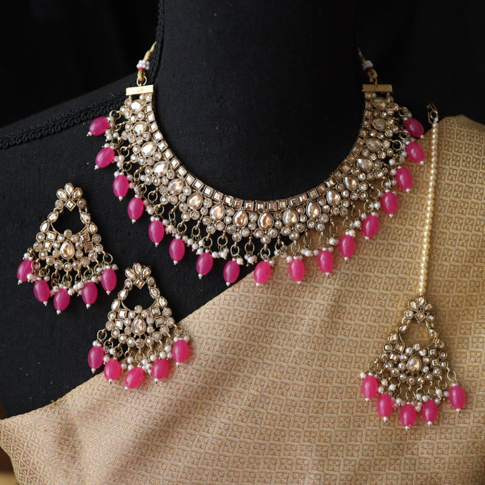 Trendy hot pink bead choker necklace with earrings and tikka TP56