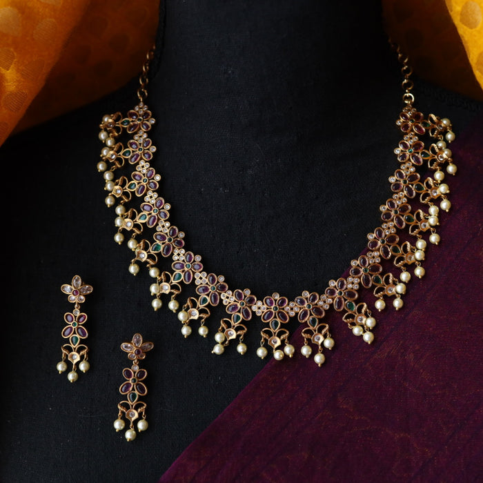 Antique ruby pearl short necklace with earrings RUB044