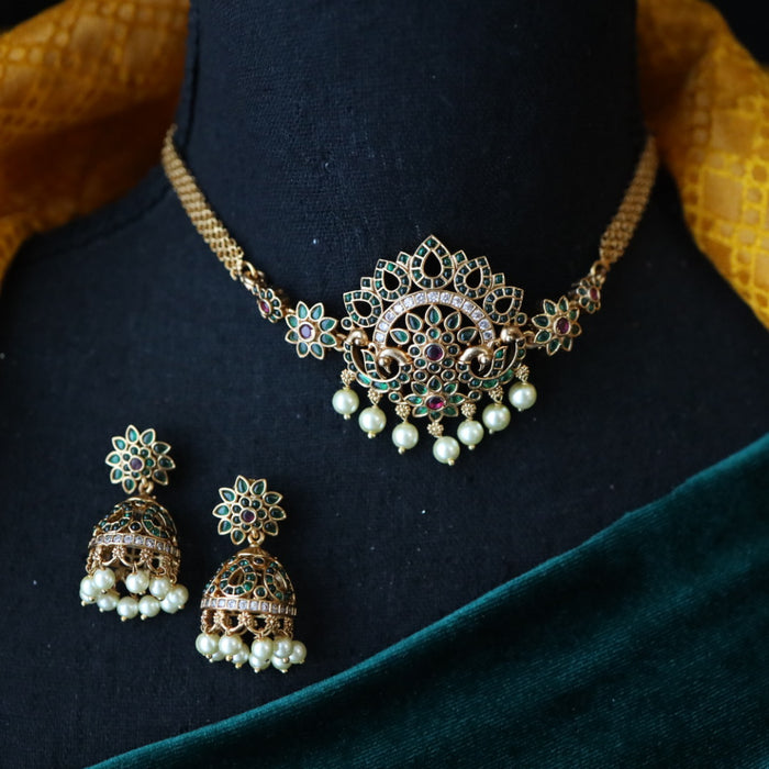 Antique green stone choker necklace and earrings CCB1234