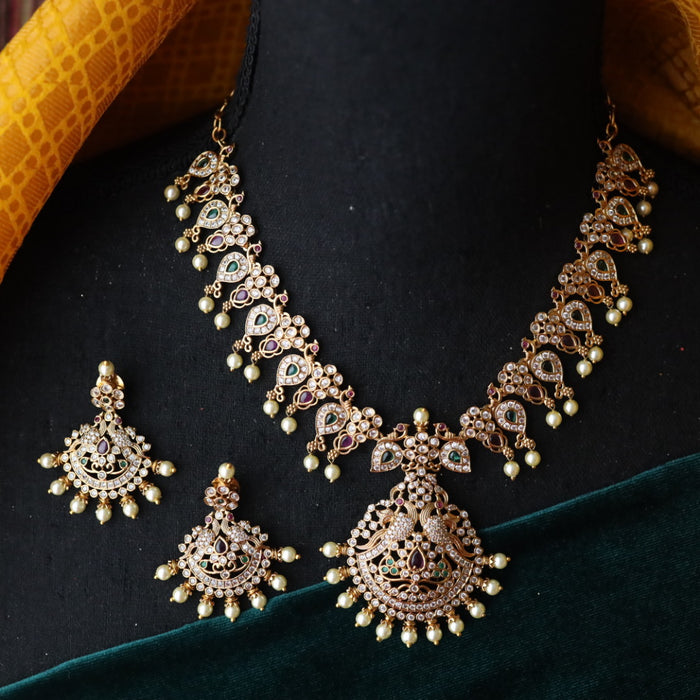 Antique stone and pearl short necklace with earrings S1B222