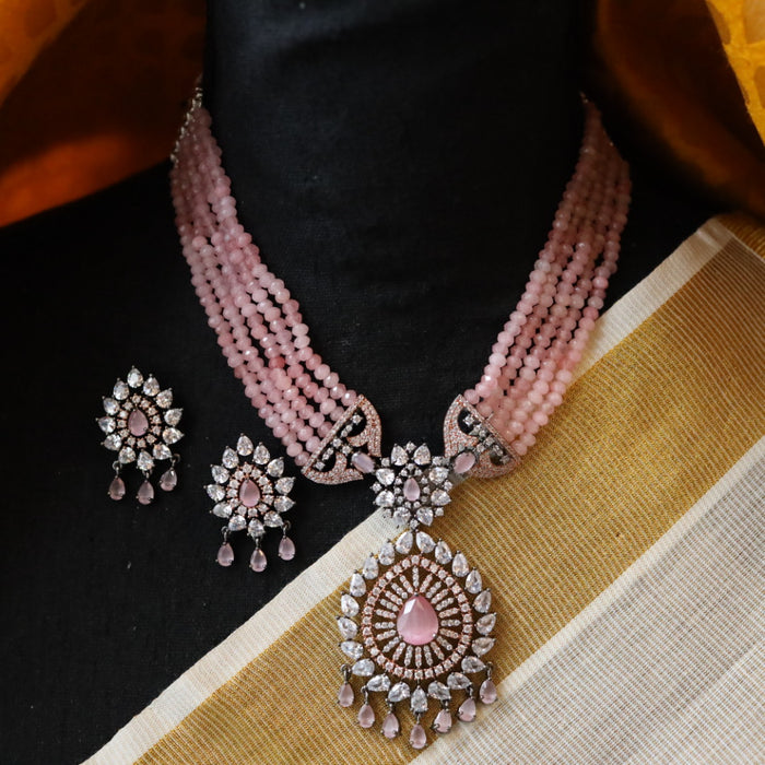 Cz stone pink bead short necklace with earrings BEAD007