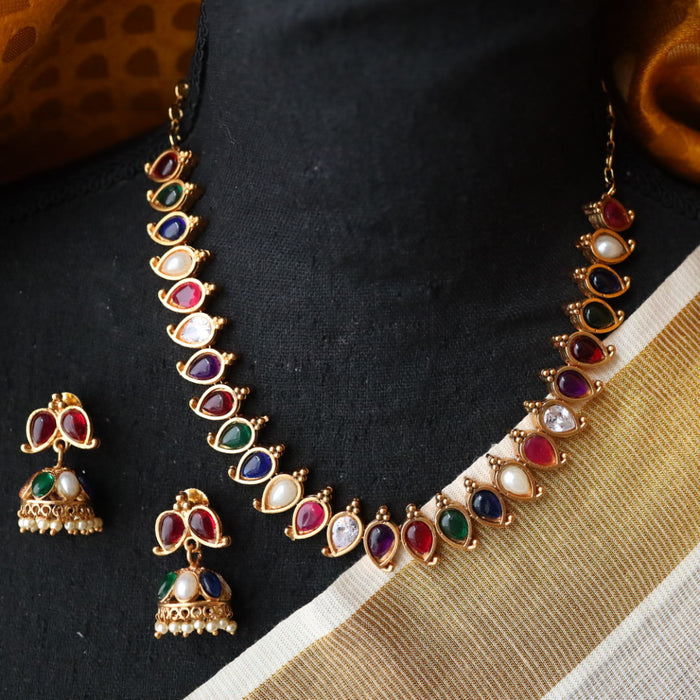 Padmini antique navarathnam stone mango short necklace with earrings PAD056