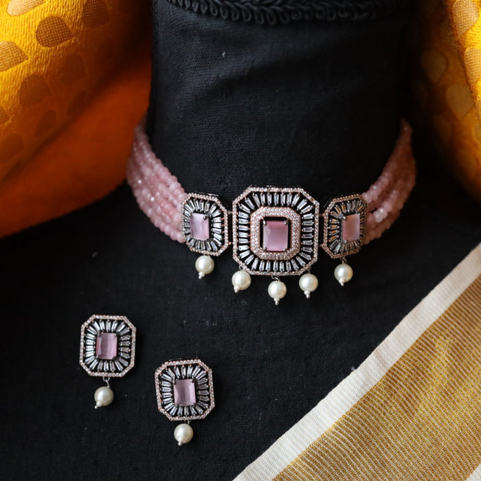Cz stone pink bead choker with earrings BEAD108
