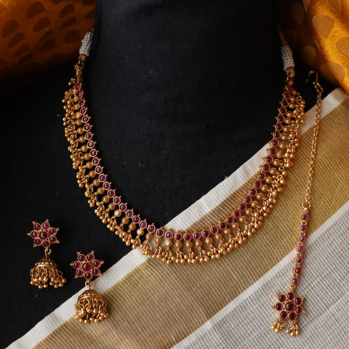 Antique ruby stone simple short necklace with earrings and tikka RUB111