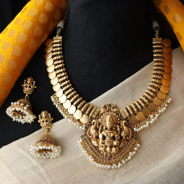 Antique temple design coin short necklace with earrings S1B1105