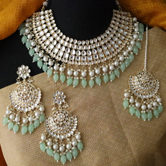 Heera white Kundan stone and mint pearls necklace with earrings and tikka 1763322