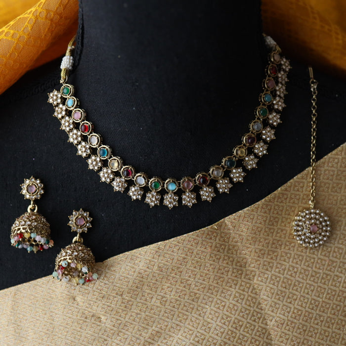 Trendy multi bead short necklace with earrings and tikka TM111