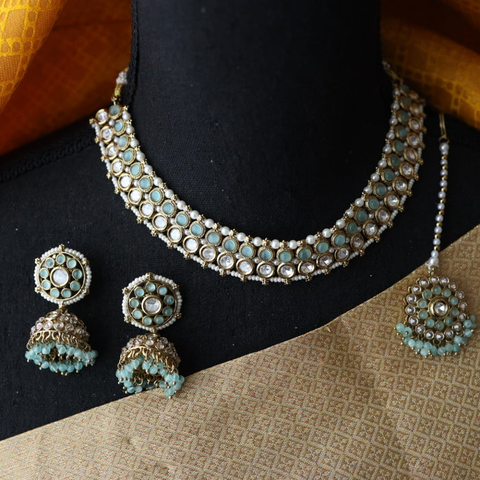 Trendy mint bead short necklace with earrings and tikka TM1141
