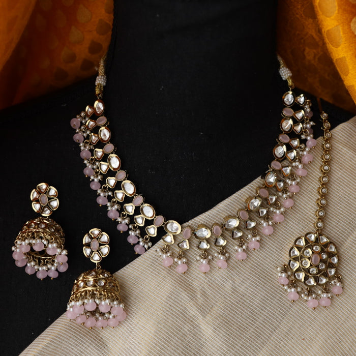 Trendy white stone and pink pearl short necklace with earrings TP002