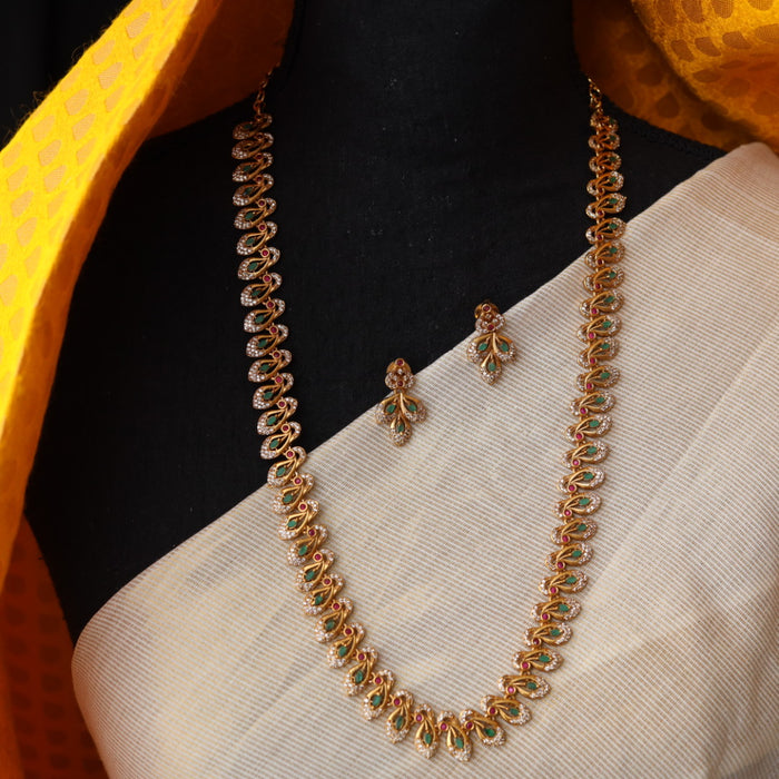 Antique green white stone long necklace/ waistchain and earrings LL03117