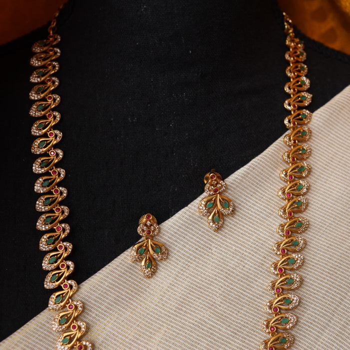 Antique green white stone long necklace/ waistchain and earrings LL03117
