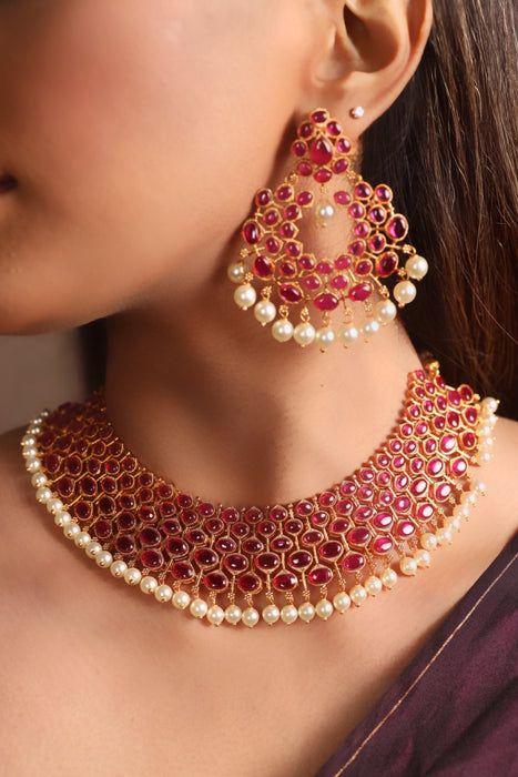 Antique ruby stone short necklace with earrings SS11013