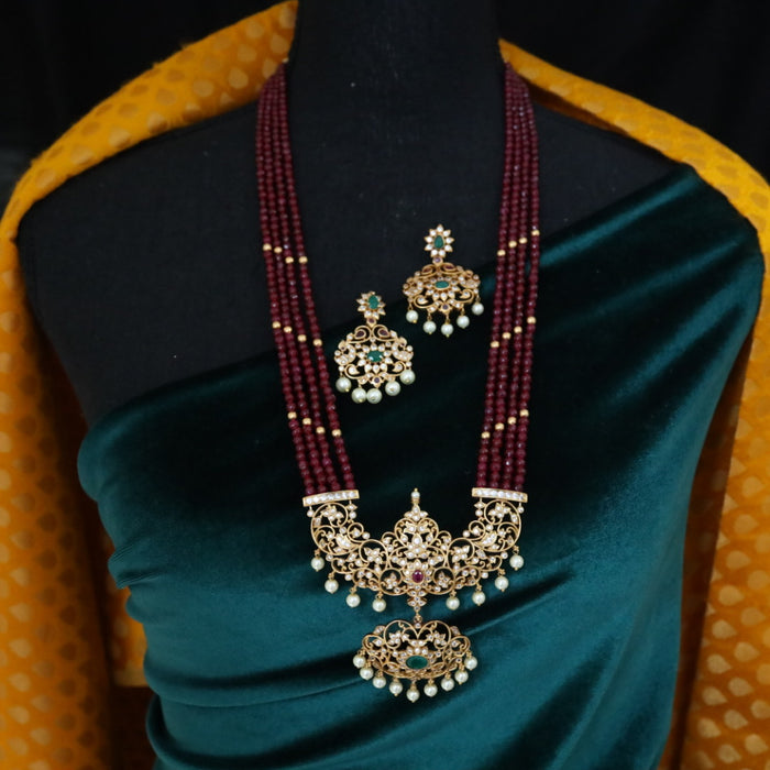 Antique red bead long necklace and earrings BEAD002